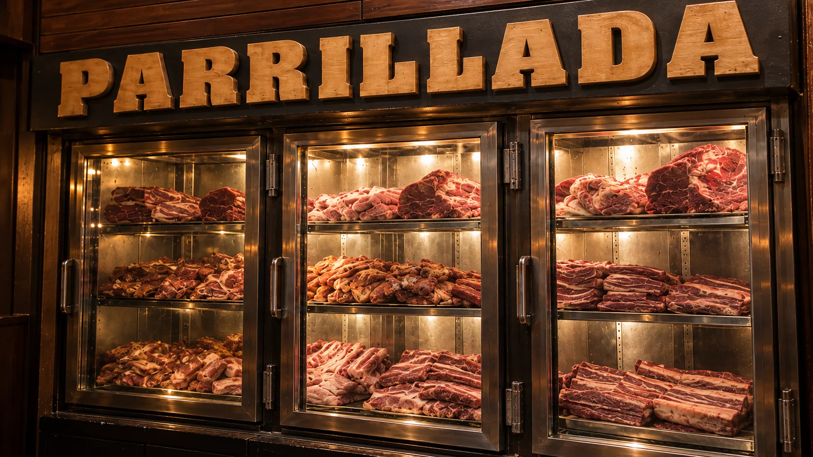 El expositor de carnes bajo el rótulo de Parrillada Alcume, con el comedor al fondo.