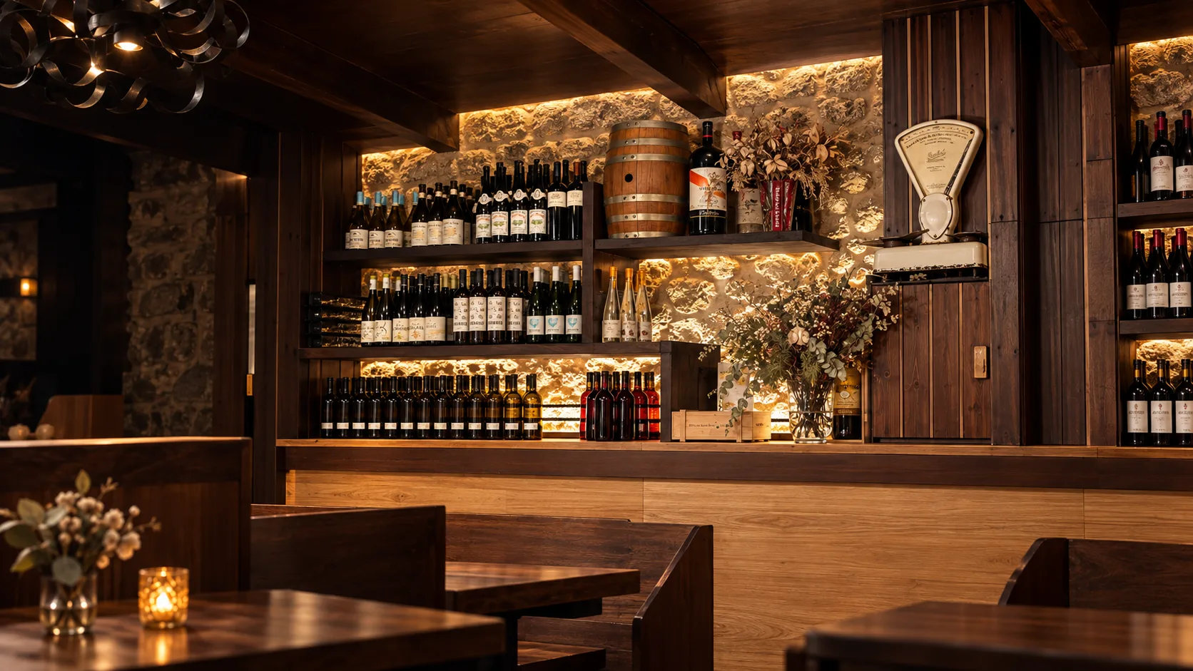 Botellas de vino en las estanterías de madera y piedra de Alcume