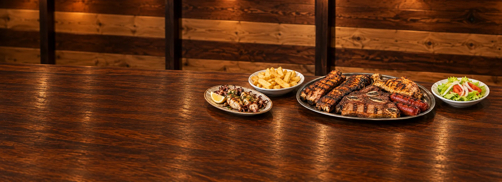 Parrillada mixta con patatas y ensalada sobre una mesa de Alcume