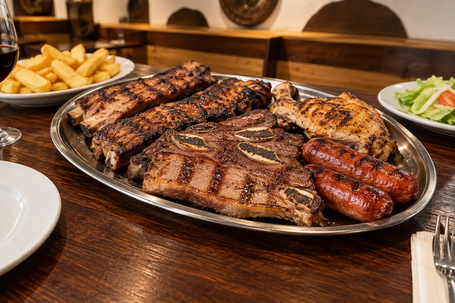 Parrillada mixta con costilla, pollo y chorizo criollo, acompañada de patatas y ensalada