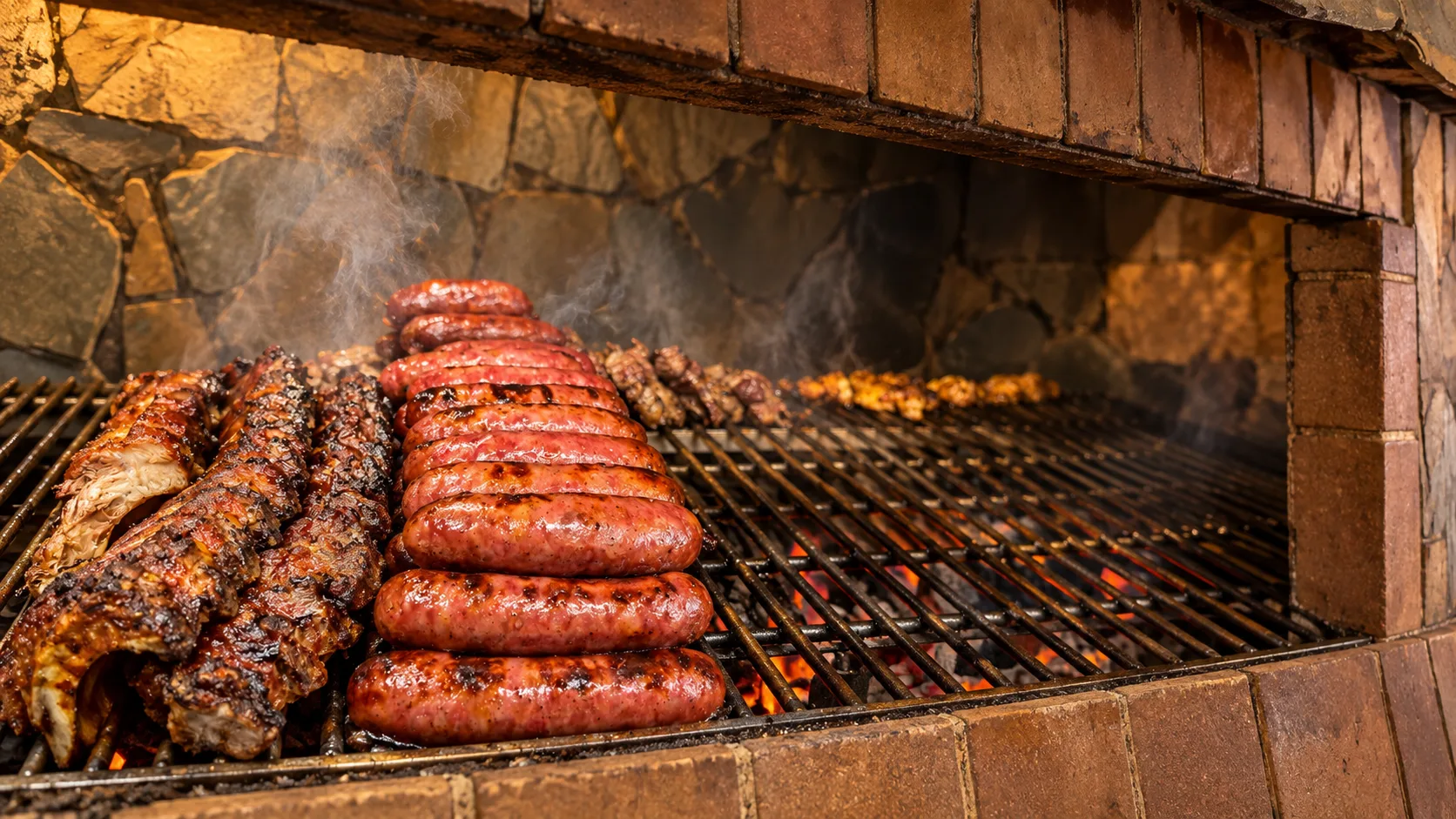 Costillas y chorizos criollos sobre las brasas de la parrilla de piedra de Alcume