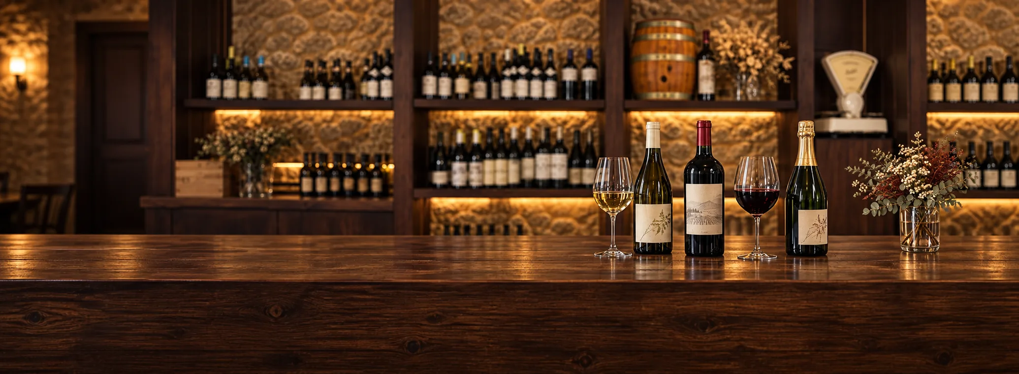 Botellas y copas de vino en la bodega de Alcume